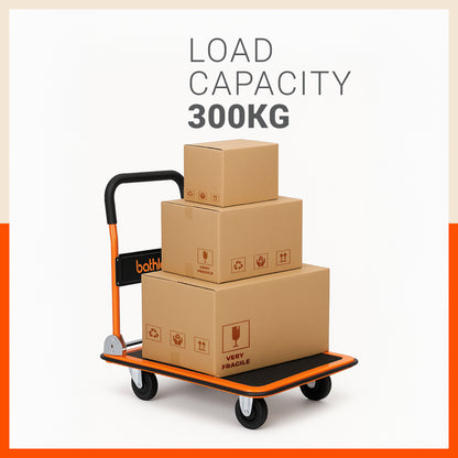 Bathla 300 Kg Capacity Steel Foldable Platform Trolley for Heavy Weight/Material Handling Goods Trolley with 360* Rotating TPR Wheels for Home, Office, Warehouse & Industries (4 Wheel/Black)