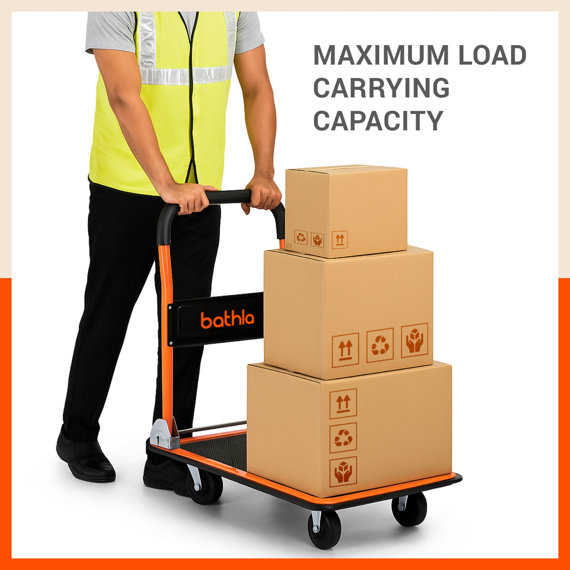 Bathla 300 Kg Capacity Steel Foldable Platform Trolley for Heavy Weight/Material Handling Goods Trolley with 360* Rotating TPR Wheels for Home, Office, Warehouse & Industries (4 Wheel/Black)