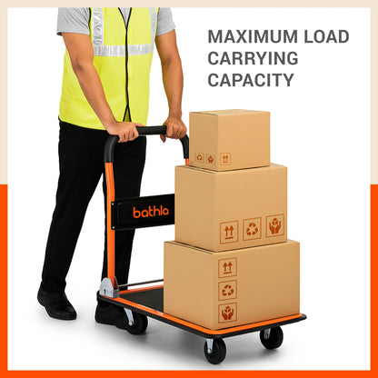Bathla 300 Kg Capacity Steel Foldable Platform Trolley for Heavy Weight/Material Handling Goods Trolley with 360* Rotating TPR Wheels for Home, Office, Warehouse & Industries (4 Wheel/Black)