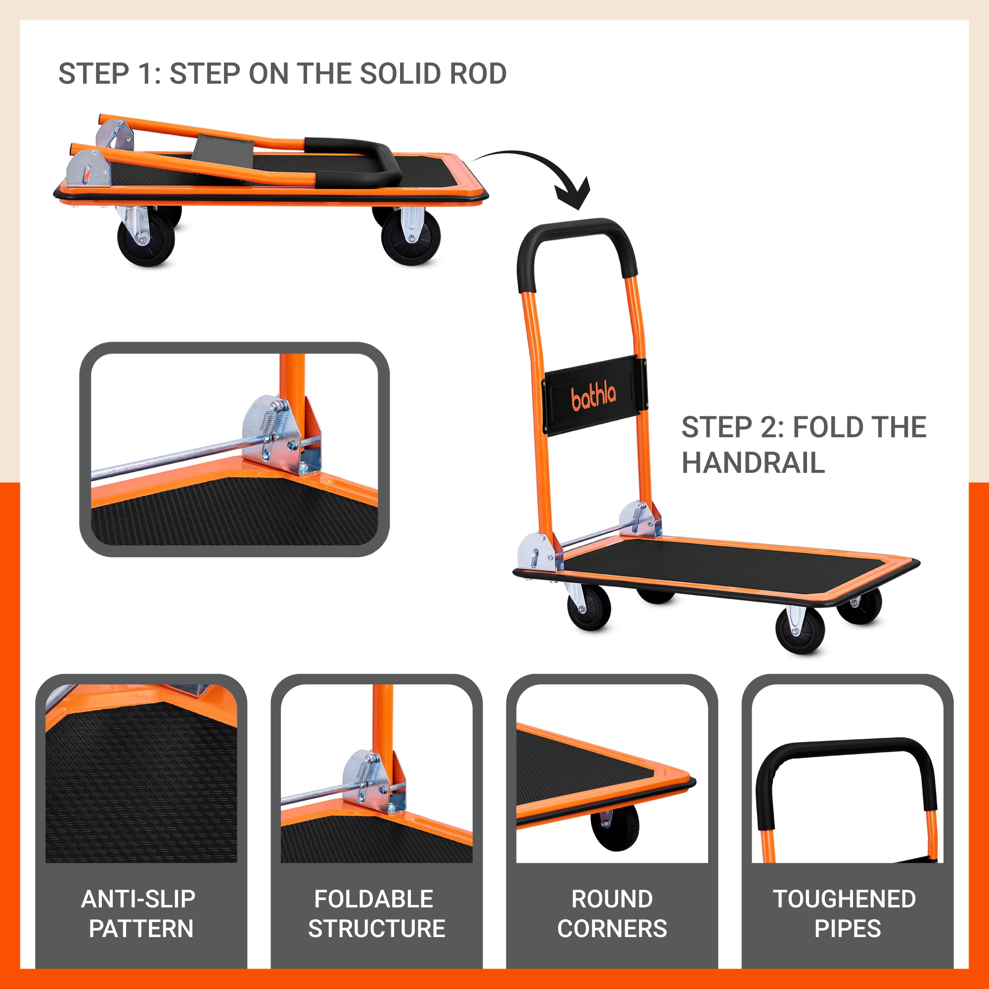 Bathla 300 Kg Capacity Steel Foldable Platform Trolley for Heavy Weight/Material Handling Goods Trolley with 360* Rotating TPR Wheels for Home, Office, Warehouse & Industries (4 Wheel/Black)