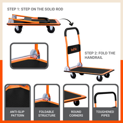 Bathla 300 Kg Capacity Steel Foldable Platform Trolley for Heavy Weight/Material Handling Goods Trolley with 360* Rotating TPR Wheels for Home, Office, Warehouse & Industries (4 Wheel/Black)