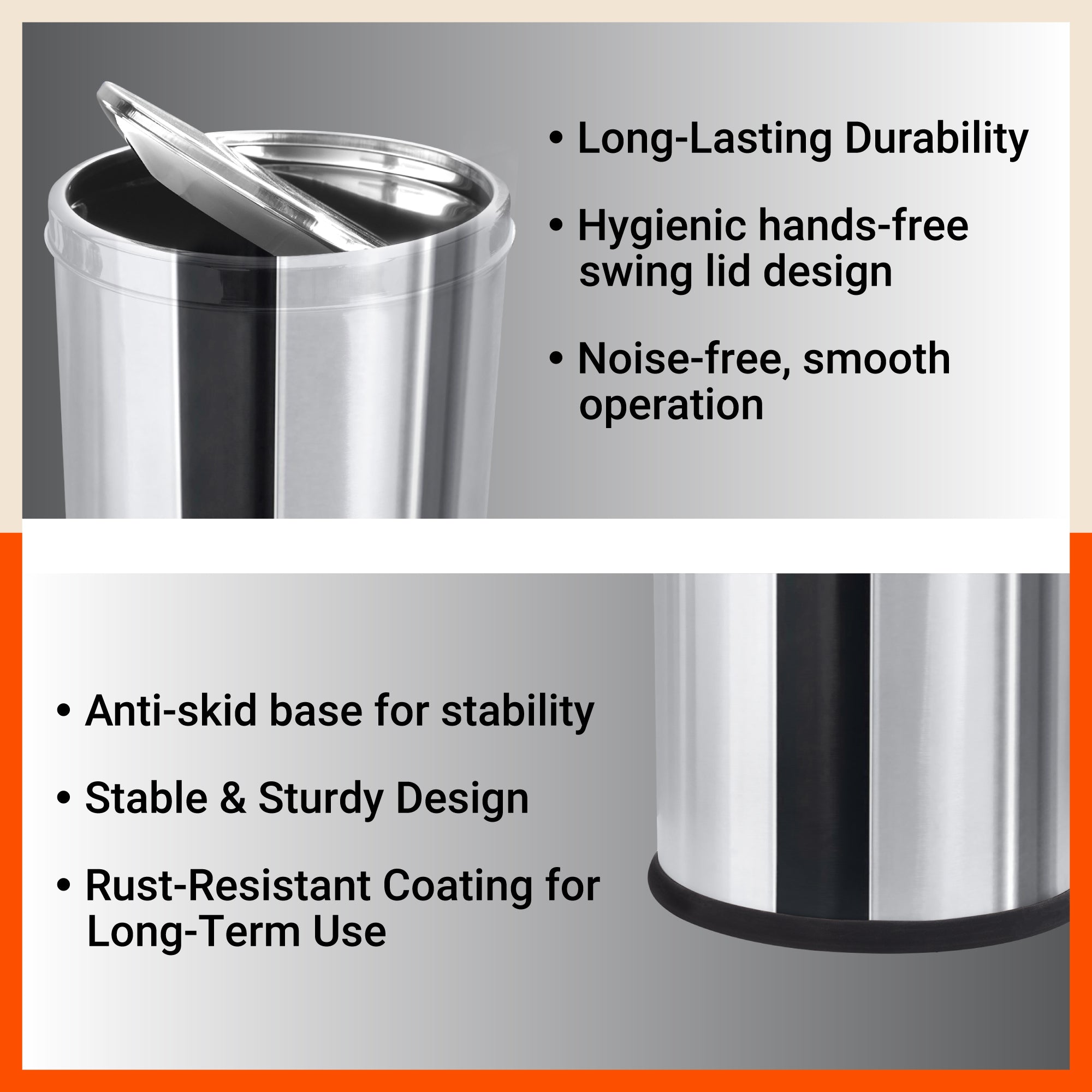 Bathla Stainless Steel Swing Dustbin with Lid for Home, Office & Kitchen - 12 Litres | Swing Lid Trash Can | Durable & Rust-Resistant Garbage Bin
