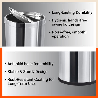 Bathla Stainless Steel Swing Dustbin with Lid for Home, Office & Kitchen - 12 Litres | Swing Lid Trash Can | Durable & Rust-Resistant Garbage Bin