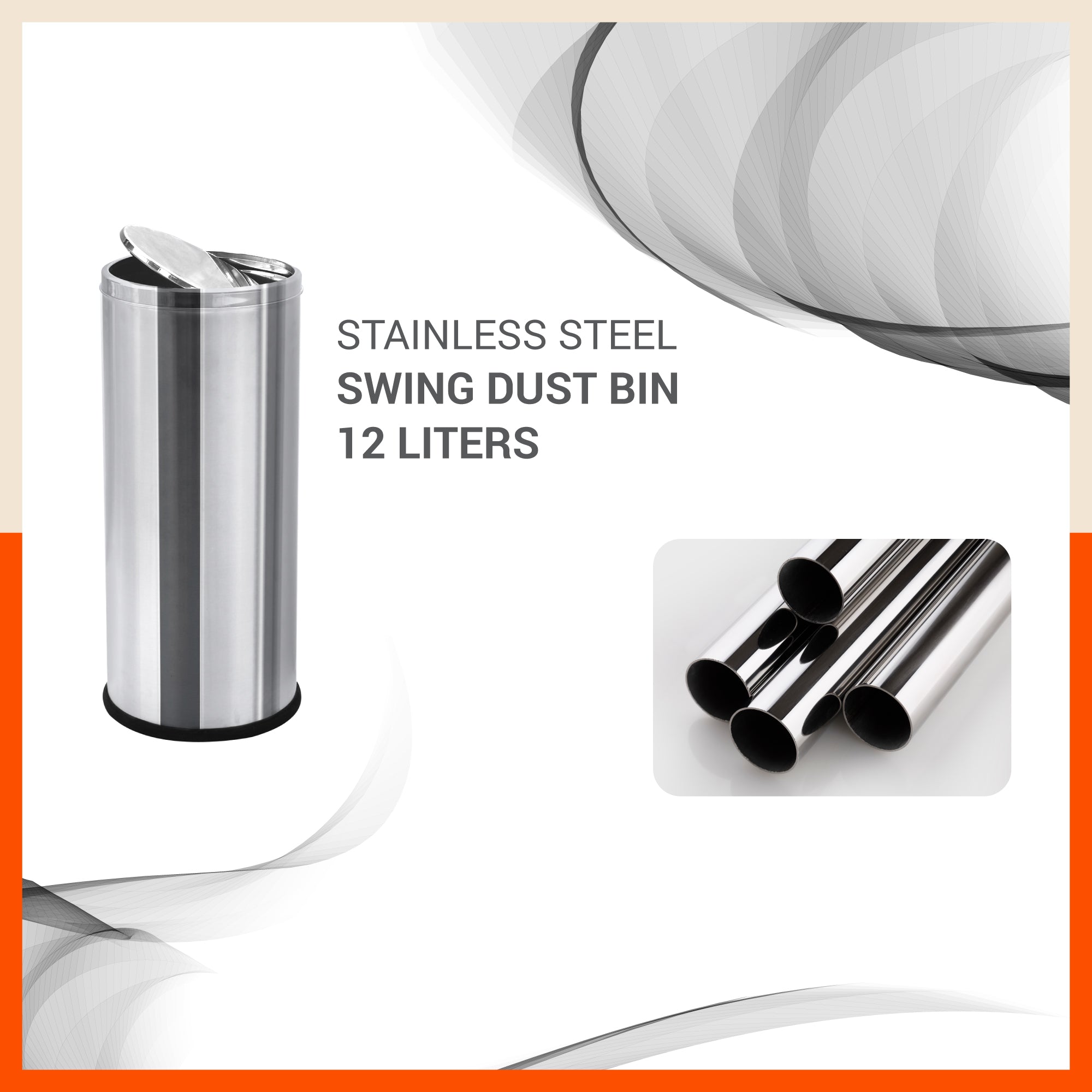 Bathla Stainless Steel Swing Dustbin with Lid for Home, Office & Kitchen - 12 Litres | Swing Lid Trash Can | Durable & Rust-Resistant Garbage Bin