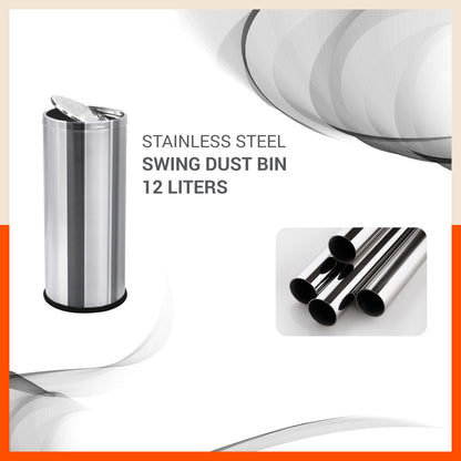 Bathla Stainless Steel Swing Dustbin with Lid for Home, Office & Kitchen - 12 Litres | Swing Lid Trash Can | Durable & Rust-Resistant Garbage Bin