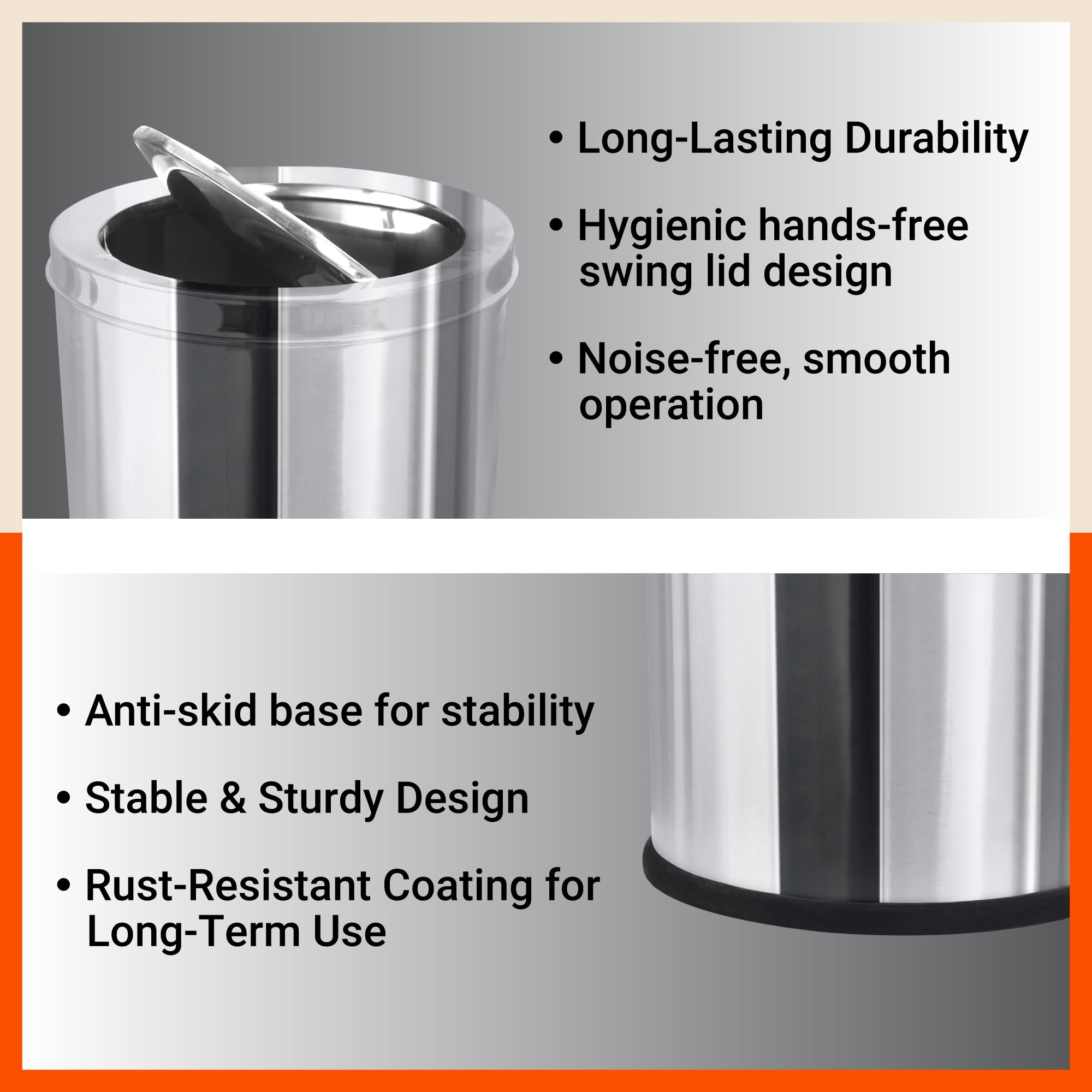 Bathla Stainless Steel Swing Dustbin with Lid for Home, Office & Kitchen - 14 Litres | Swing Lid Trash Can | Durable & Rust-Resistant Garbage Bin