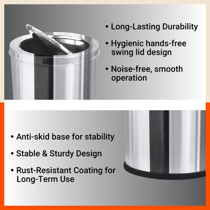 Bathla Stainless Steel Swing Dustbin with Lid for Home, Office & Kitchen - 14 Litres | Swing Lid Trash Can | Durable & Rust-Resistant Garbage Bin
