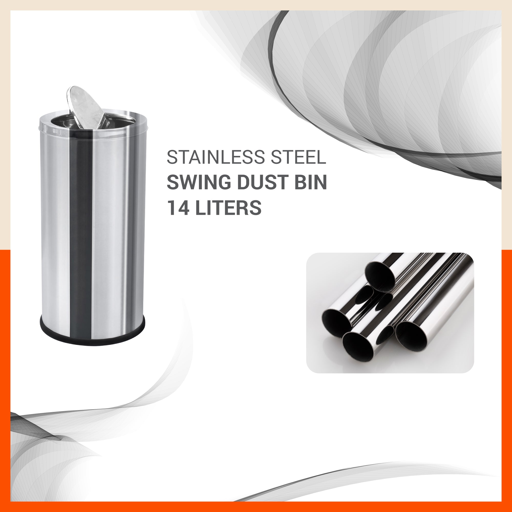 Bathla Stainless Steel Swing Dustbin with Lid for Home, Office & Kitchen - 14 Litres | Swing Lid Trash Can | Durable & Rust-Resistant Garbage Bin