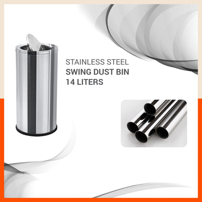 Bathla Stainless Steel Swing Dustbin with Lid for Home, Office & Kitchen - 14 Litres | Swing Lid Trash Can | Durable & Rust-Resistant Garbage Bin