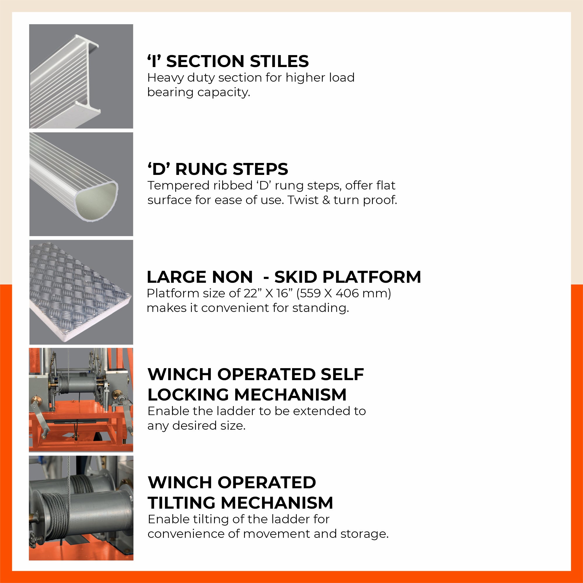 Bathla TX 4100 – Tower Tiltable Ladder (‘I’ Beam, ‘D’ Rung) with Winch Operated Tilting & Self-Locking Mechanism | Extra Heavy Duty, 300kg Load