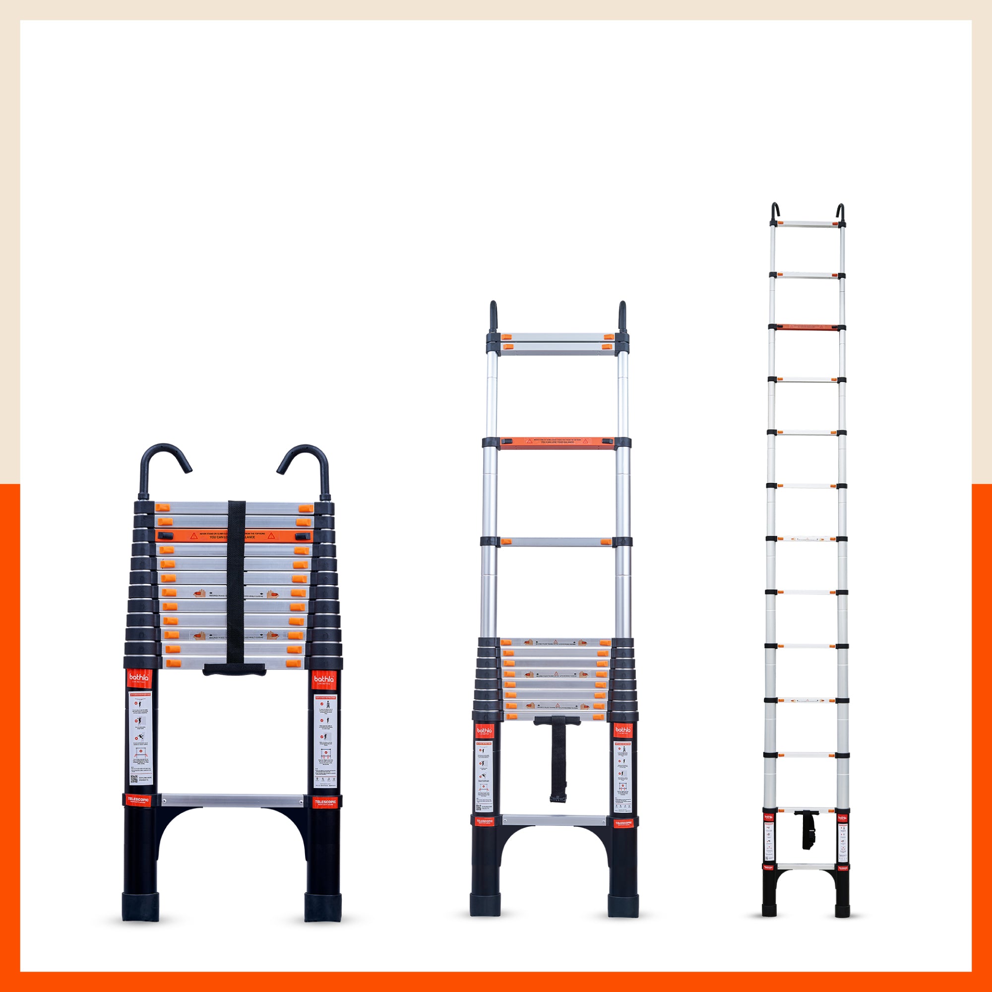 Bathla 16.5ft Aluminium Telescopic Ladder with Safety Hooks & Triangle Stabilizers | EN131 Certified | 2-Year Manufacturer Warranty | Portable & Compact | 150kg Load Capacity | Made in India (5 mtr)
