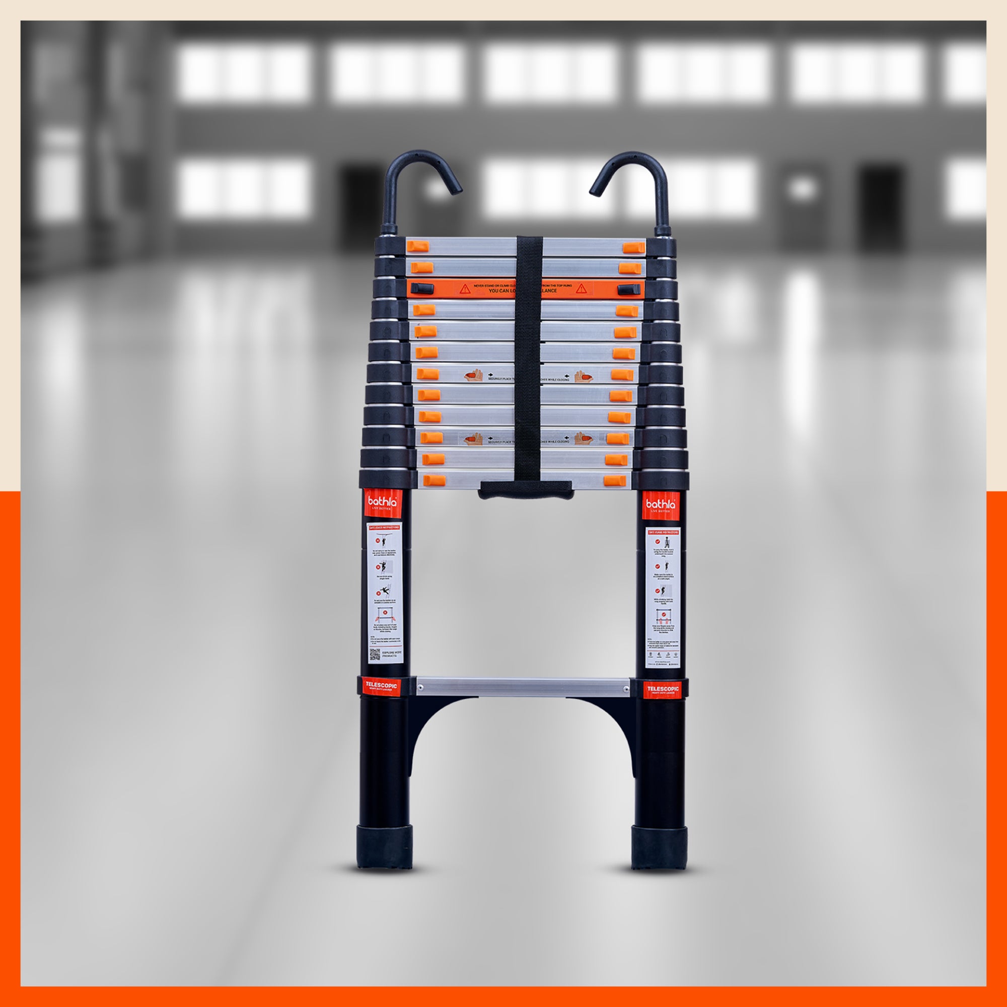 Bathla 16.5ft Aluminium Telescopic Ladder with Safety Hooks & Triangle Stabilizers | EN131 Certified | 2-Year Manufacturer Warranty | Portable & Compact | 150kg Load Capacity | Made in India (5 mtr)