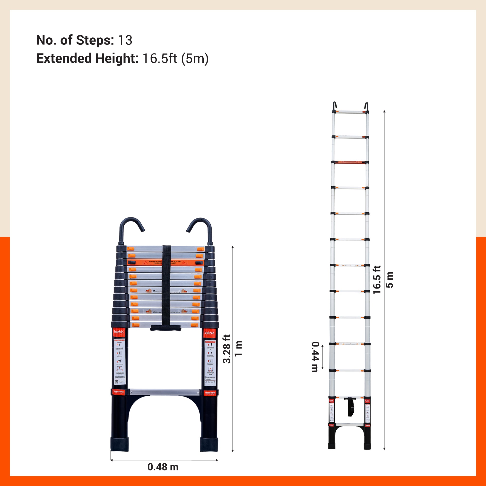 Bathla 16.5ft Aluminium Telescopic Ladder with Safety Hooks & Triangle Stabilizers | EN131 Certified | 2-Year Manufacturer Warranty | Portable & Compact | 150kg Load Capacity | Made in India (5 mtr)