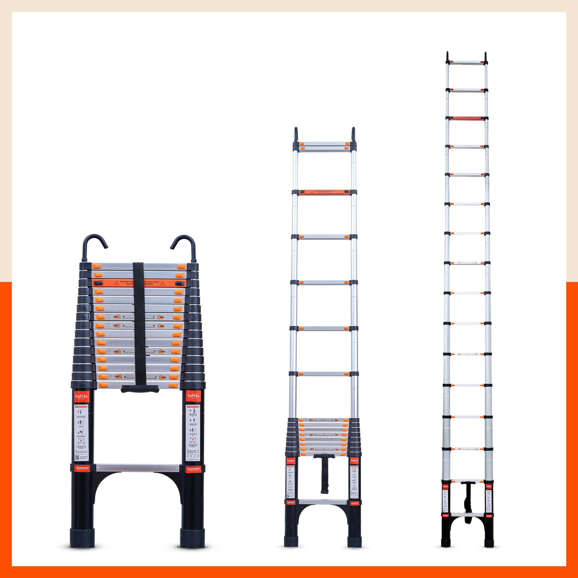 Bathla 23.6 ft Aluminium Telescopic Ladder with Safety Hooks & Triangle Stabilizers | EN131 Certified | 2-Year Manufacturer Warranty | Portable & Compact |150kg Load Capacity | Made in India (7.2 mtr)