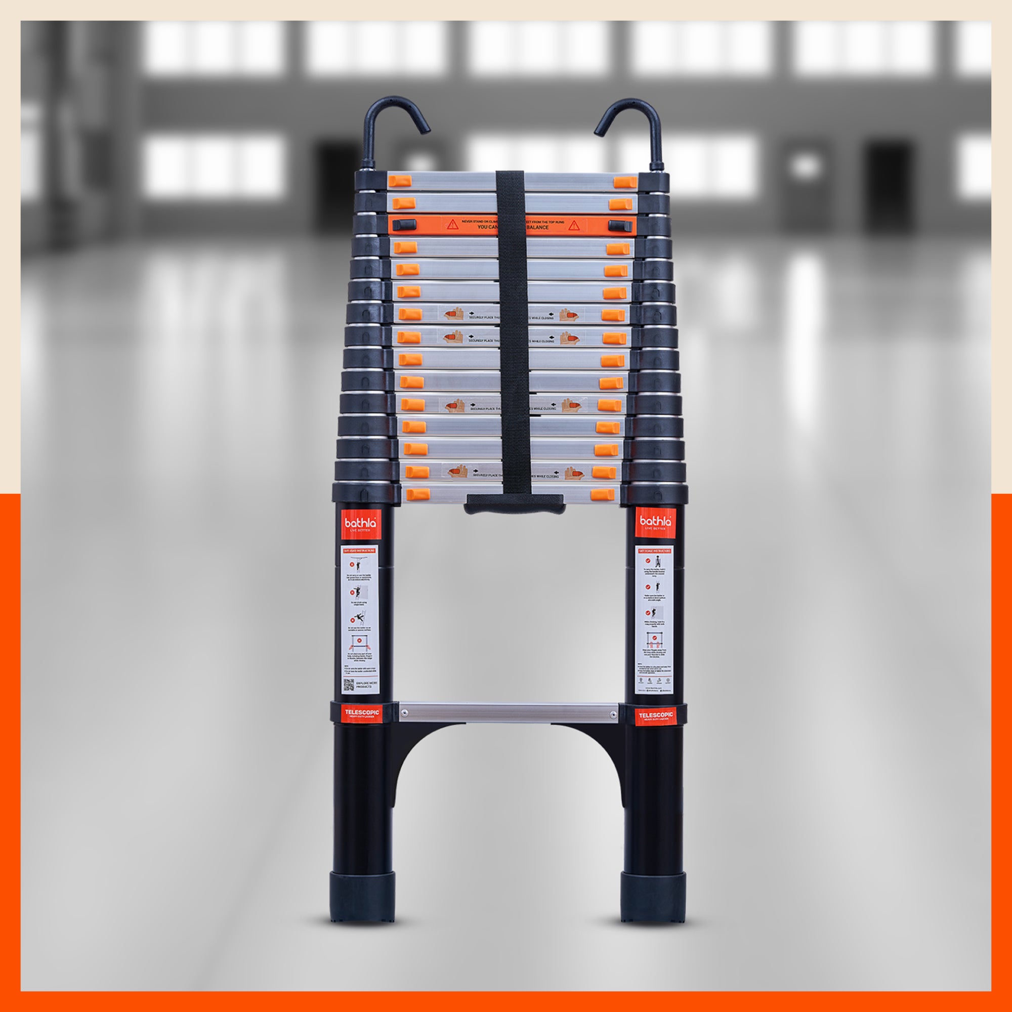 Bathla 23.6 ft Aluminium Telescopic Ladder with Safety Hooks & Triangle Stabilizers | EN131 Certified | 2-Year Manufacturer Warranty | Portable & Compact |150kg Load Capacity | Made in India (7.2 mtr)