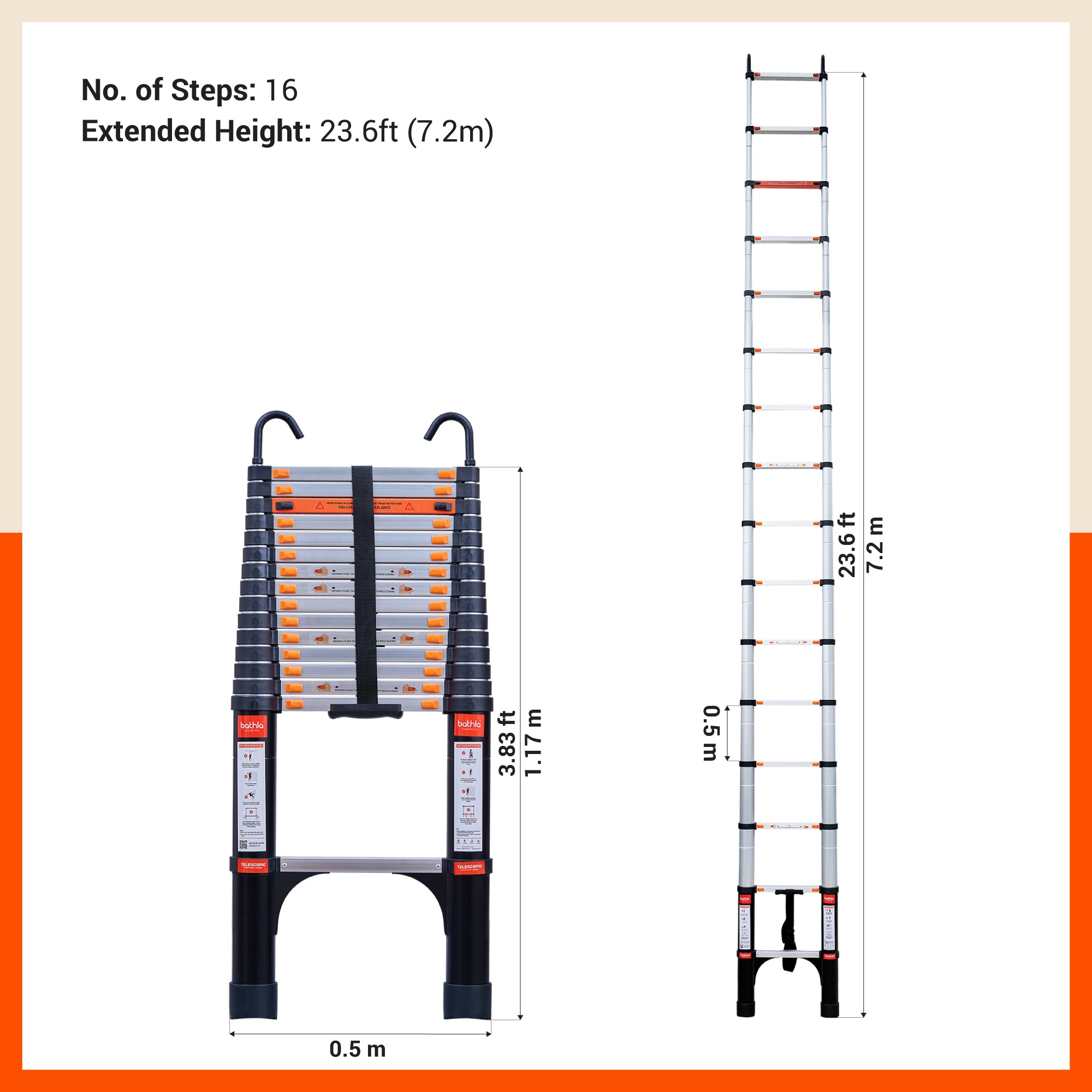 Bathla 23.6 ft Aluminium Telescopic Ladder with Safety Hooks & Triangle Stabilizers | EN131 Certified | 2-Year Manufacturer Warranty | Portable & Compact |150kg Load Capacity | Made in India (7.2 mtr)