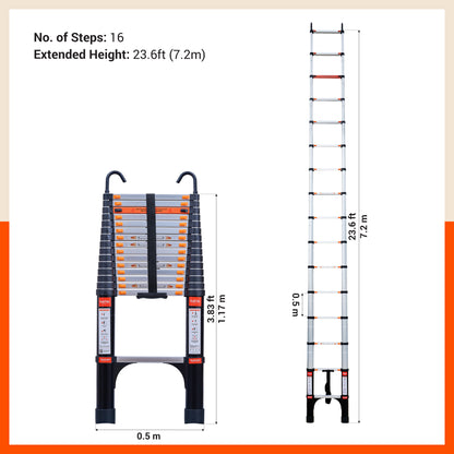 Bathla 23.6 ft Aluminium Telescopic Ladder with Safety Hooks & Triangle Stabilizers | EN131 Certified | 2-Year Manufacturer Warranty | Portable & Compact |150kg Load Capacity | Made in India (7.2 mtr)