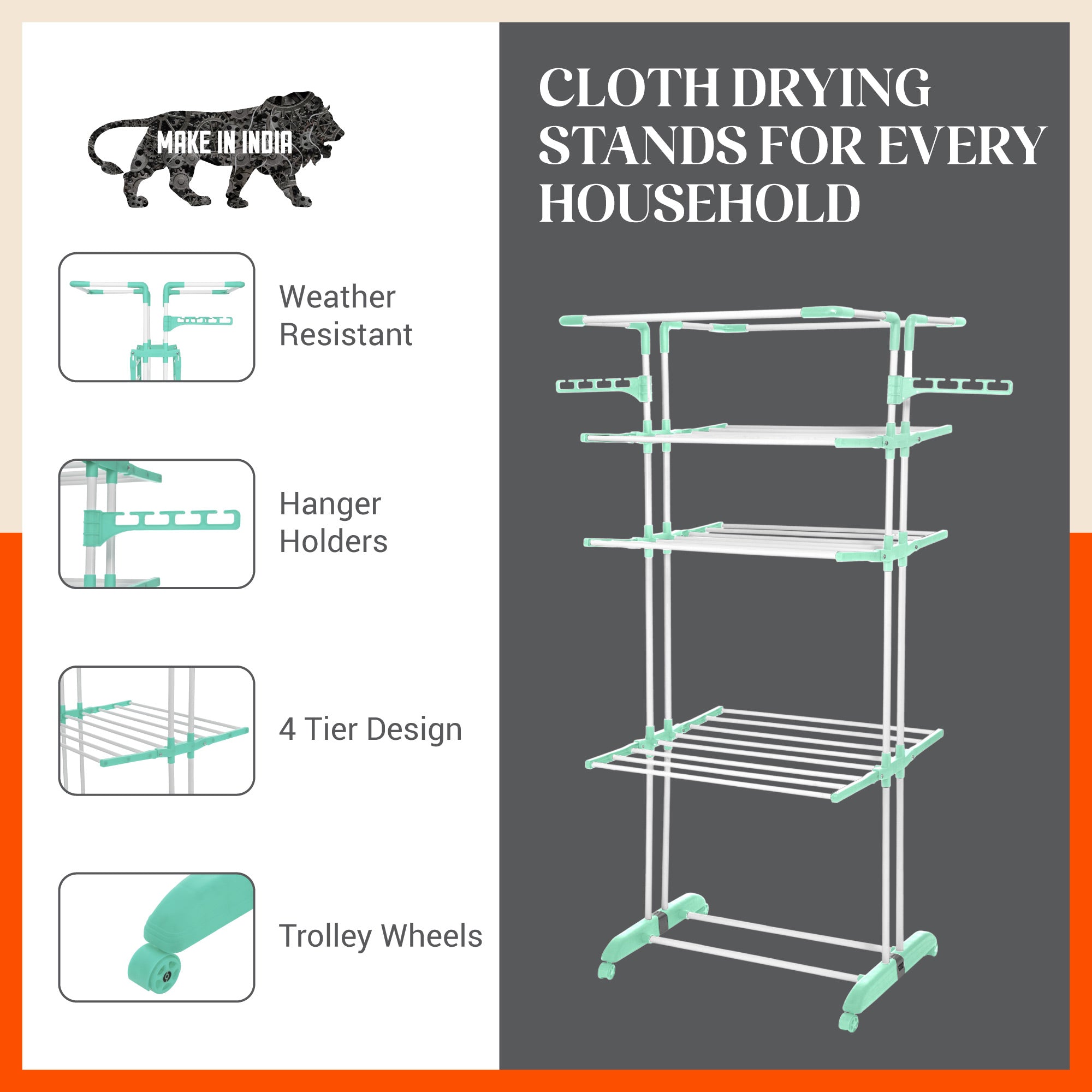 Bathla Mobidry Terra 4 Level Steel Modular Cloth Drying Stand For Home (Teal - Extra Large) Made in India