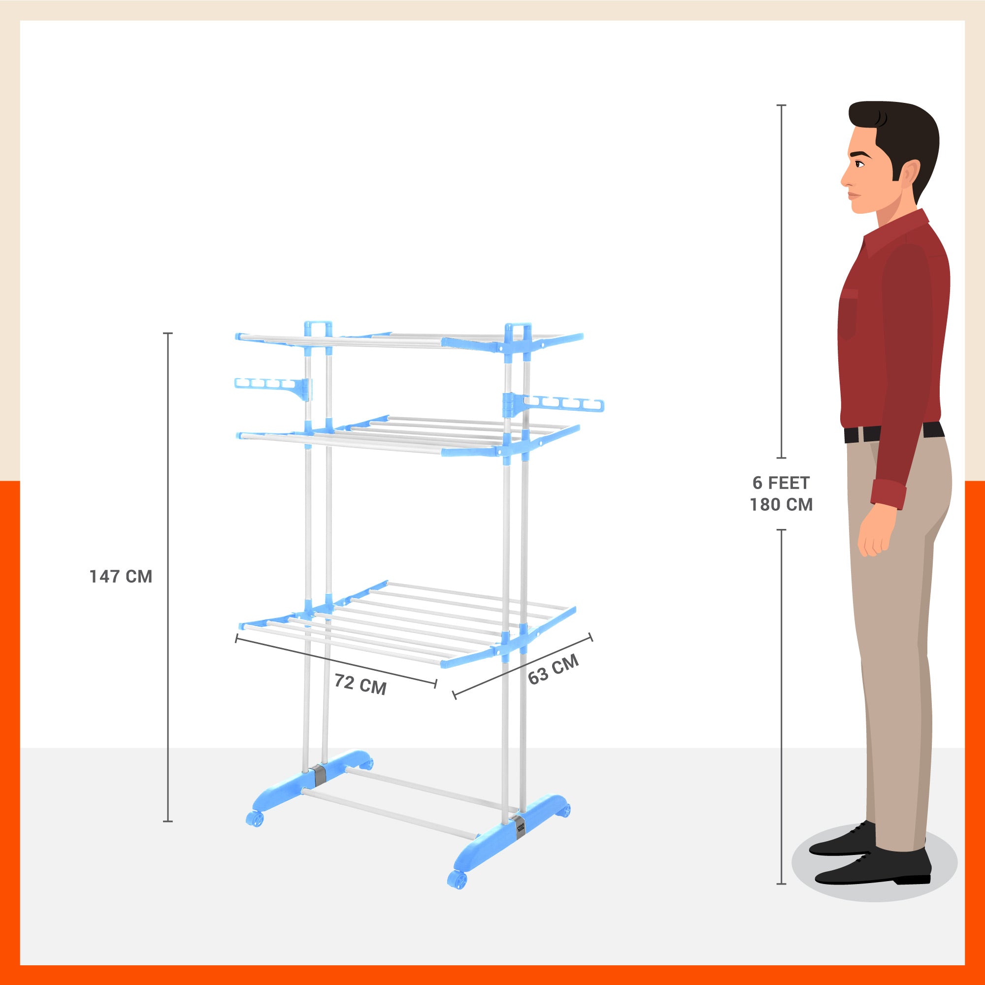 Bathla Mobidry Terra 3 Level Steel Modular Cloth Drying Stand For Home (Blue - Large) Made in India