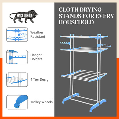Bathla Mobidry Terra 3 Level Steel Modular Cloth Drying Stand For Home (Blue - Large) Made in India