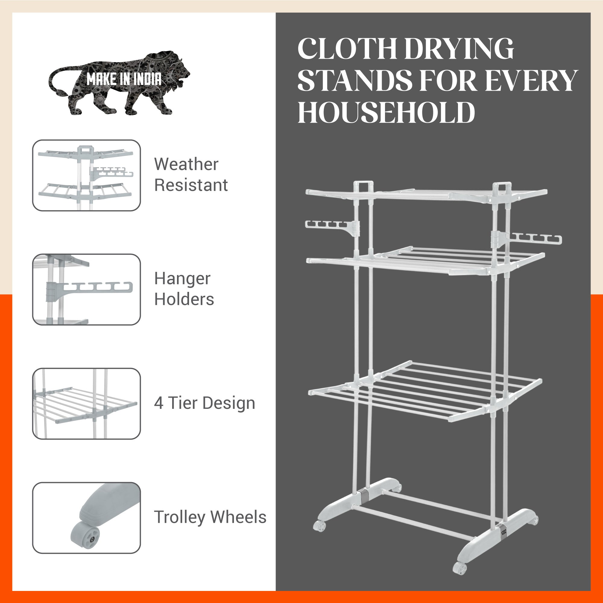 Bathla Mobidry Terra 3 Level Steel Modular Cloth Drying Stand For Home (Grey - Large) Made in India
