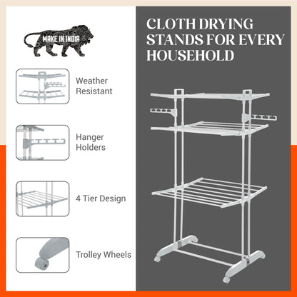 Bathla Mobidry Terra 3 Level Steel Modular Cloth Drying Stand For Home (Grey - Large) Made in India