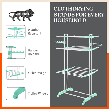 Bathla Mobidry Terra 3 Level Steel Modular Cloth Drying Stand For Home (Teal - Large) Made in India
