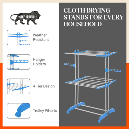 Bathla Mobidry Terra 2 Level Steel Modular Cloth Drying Stand For Home (Blue - Medium) Made in India