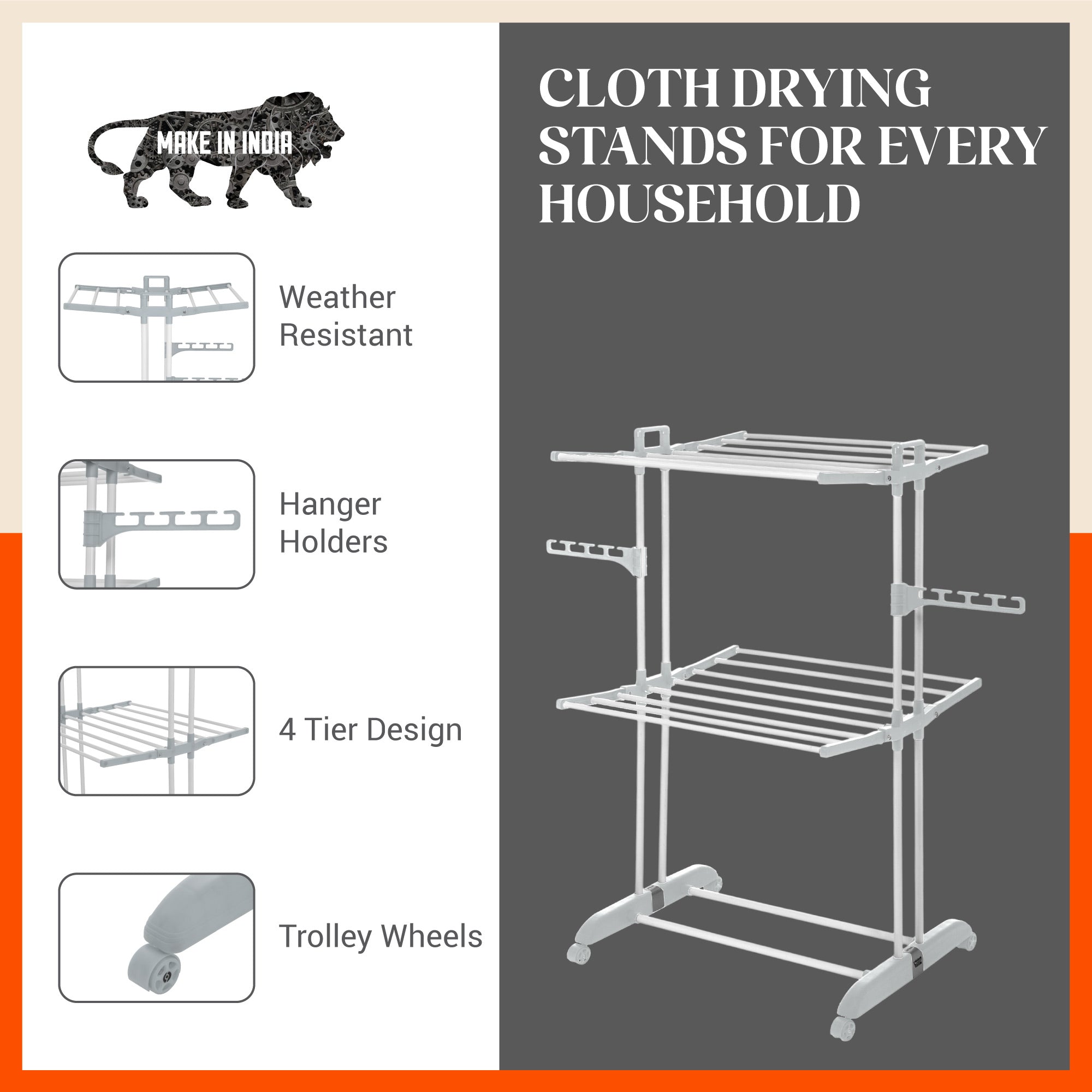 Bathla Mobidry Terra 2 Level Steel Modular Cloth Drying Stand For Home (Grey - Medium) Made in India