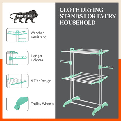 Bathla Mobidry Terra 2 Level Steel Modular Cloth Drying Stand For Home (Teal - Medium) Made in India