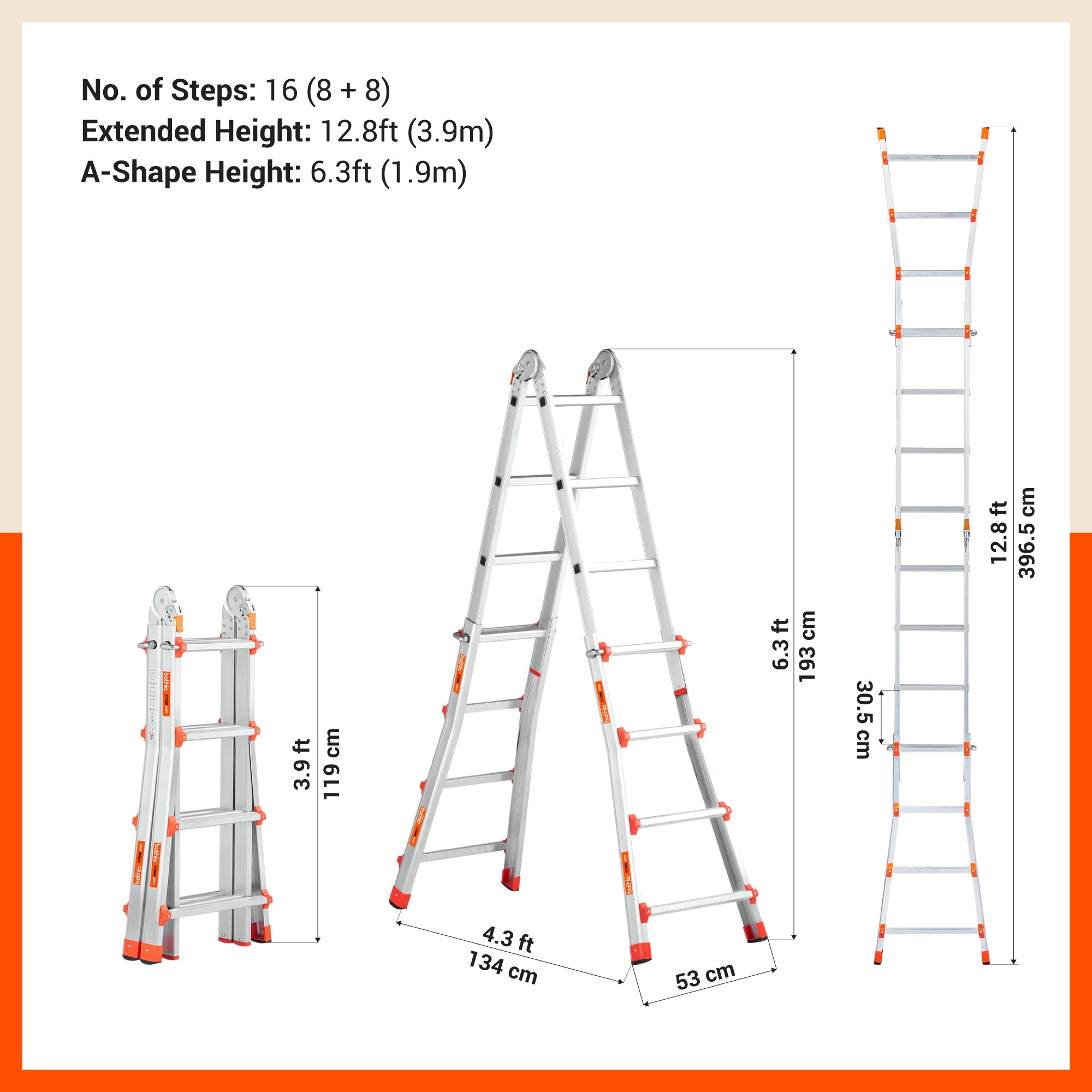 Bathla X-Tend Apex 12.8 Ft Heavy Duty Aluminium Extension Ladder | 150 kg Capacity | Anti-Slip | Multipurpose A-Frame Folding Ladder | Extendable to 3.9 meters
