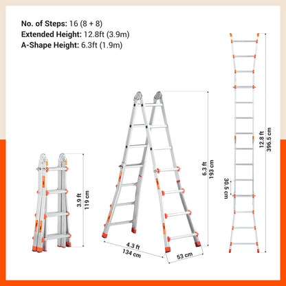 Bathla X-Tend Apex 12.8 Ft Heavy Duty Aluminium Extension Ladder | 150 kg Capacity | Anti-Slip | Multipurpose A-Frame Folding Ladder | Extendable to 3.9 meters