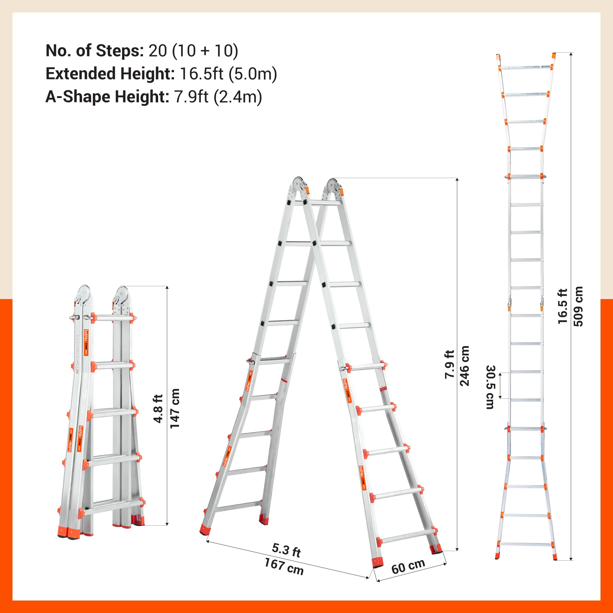 Bathla X-Tend Apex 16.5 Ft Heavy Duty Aluminium Extension Ladder | 150 kg Capacity | Anti-Slip | Multipurpose A-Frame Folding Ladder | Extendable to 5 meters