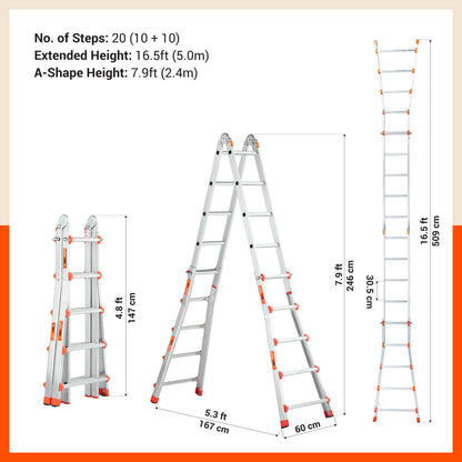 Bathla X-Tend Apex 16.5 Ft Heavy Duty Aluminium Extension Ladder | 150 kg Capacity | Anti-Slip | Multipurpose A-Frame Folding Ladder | Extendable to 5 meters