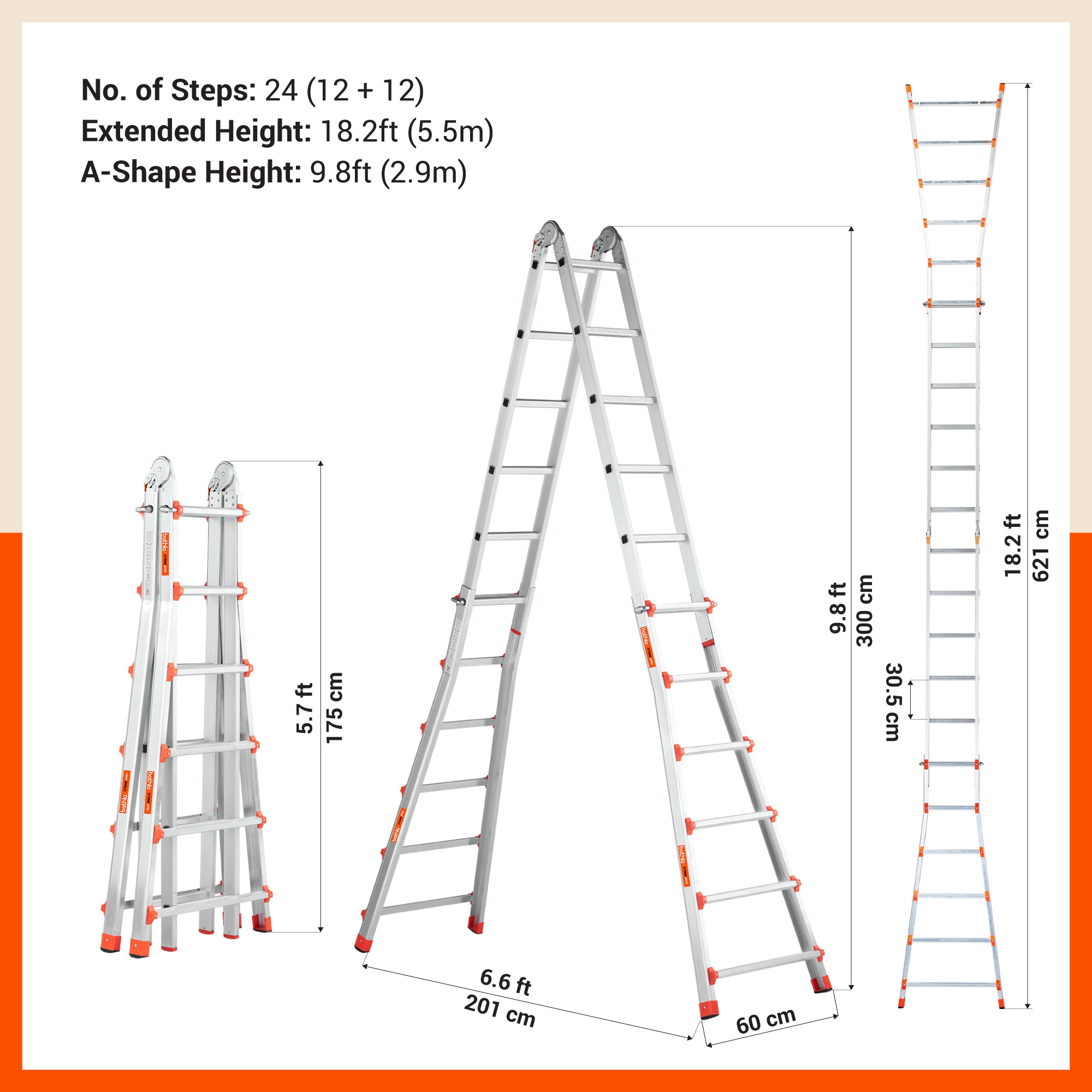 Bathla X-Tend Apex 18.5 Ft Heavy Duty Aluminium Extension Ladder | 150 kg Capacity | Anti-Slip | Multipurpose A-Frame Folding Ladder | Extendable to 5.6 meters