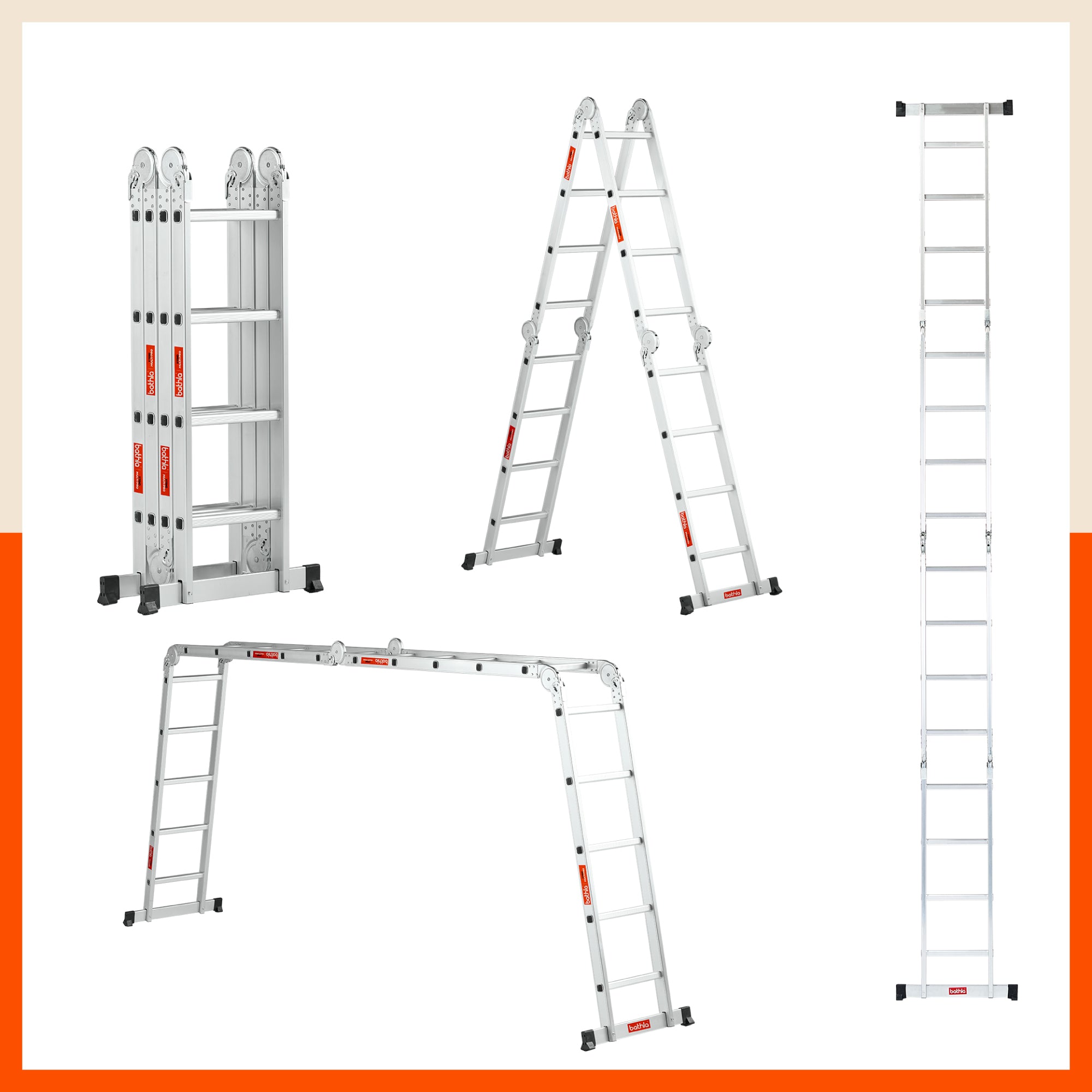 Bathla X-Tend 15 Ft Aluminium Multipurpose Foldable Step Ladder | Portable & Compact Folding Design | 150 Kg Load Capacity | 2-Year Warranty