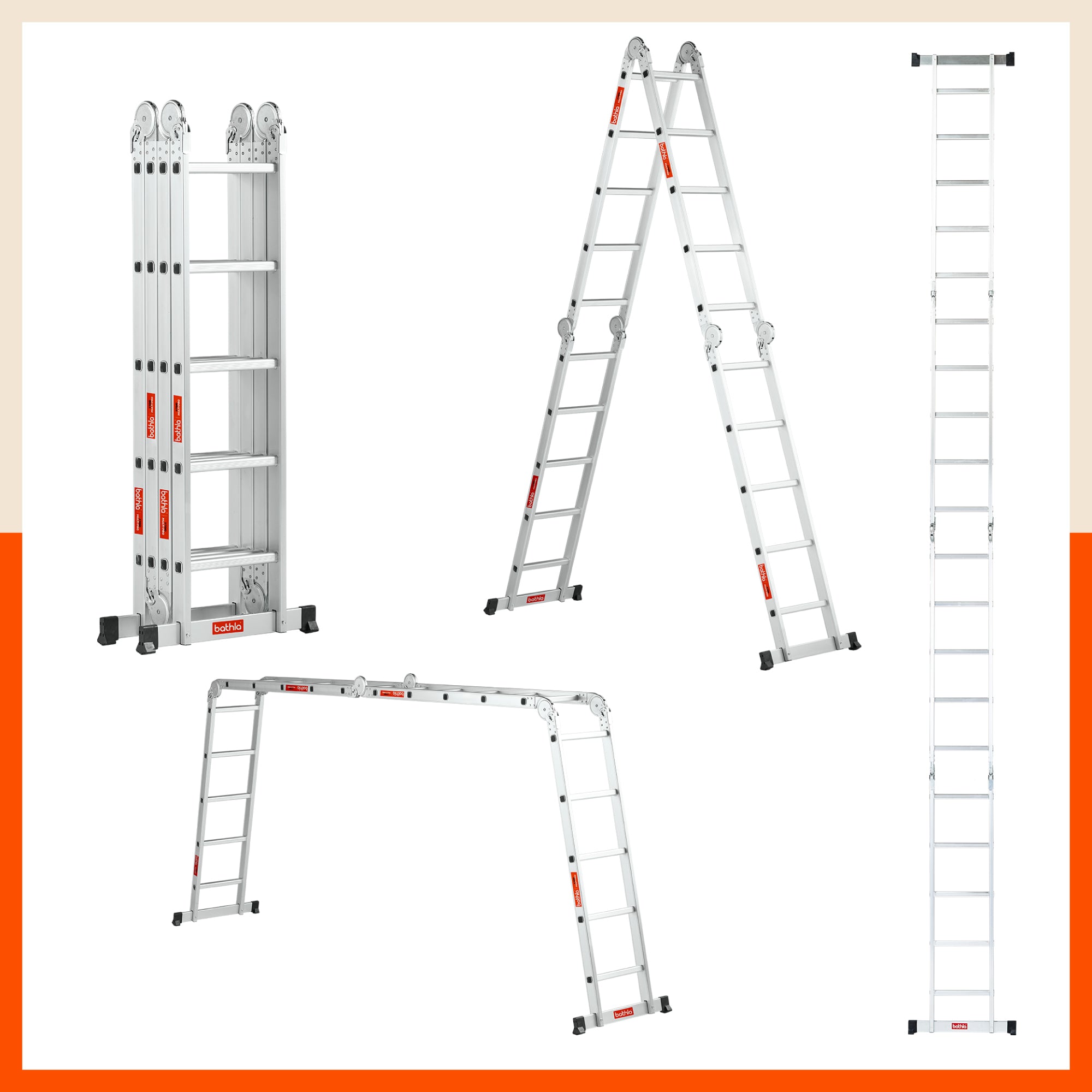 Bathla X-Tend 19 Ft Aluminium Multipurpose Foldable Step Ladder | Portable & Compact Folding Design | 150 Kg Load Capacity | 2-Year Warranty