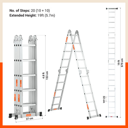 Bathla X-Tend 19 Ft Aluminium Multipurpose Foldable Step Ladder | Portable & Compact Folding Design | 150 Kg Load Capacity | 2-Year Warranty