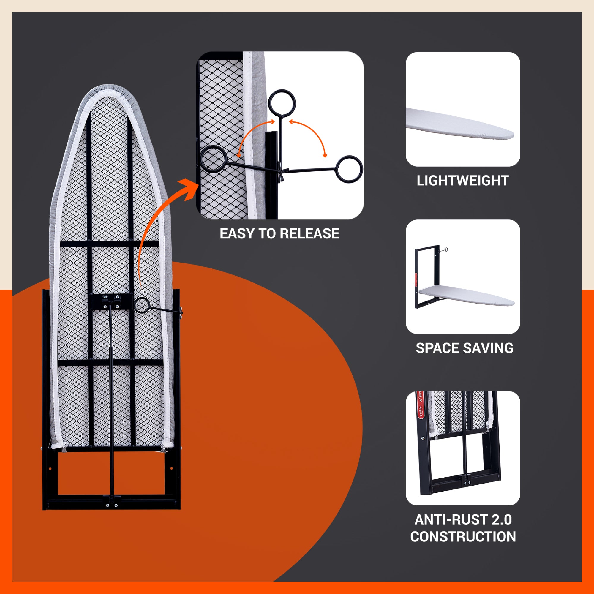 Bathla X-Pres Vault Wall Mount Ironing Table/Board | Space-Saving & Foldable Mechanism | Black | DIY Assembly | Easy-Release Lever, Removable Cotton Cover & Mounting Hardware