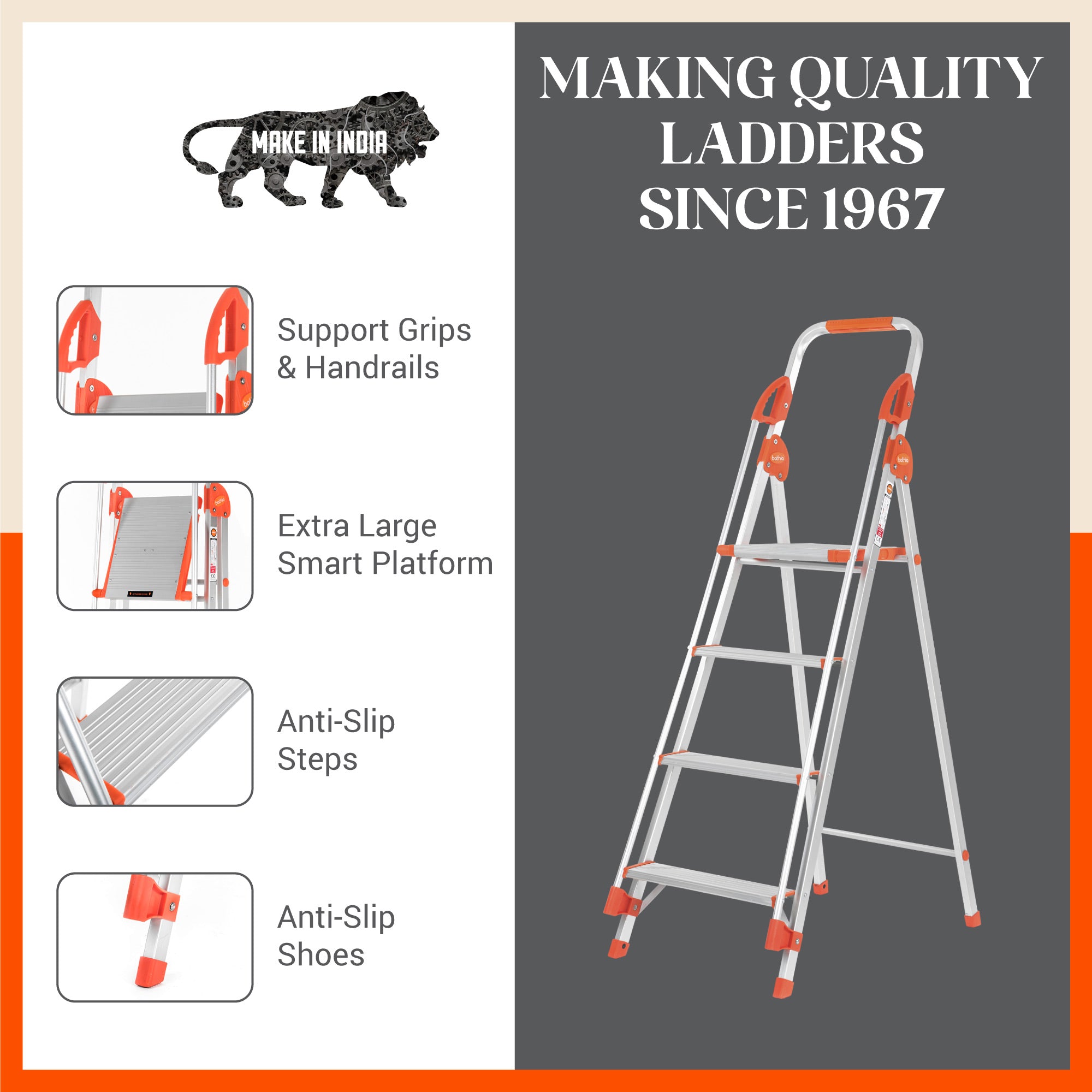 Bathla Zenith 4-Step Foldable Aluminium Ladder For Home (Orange