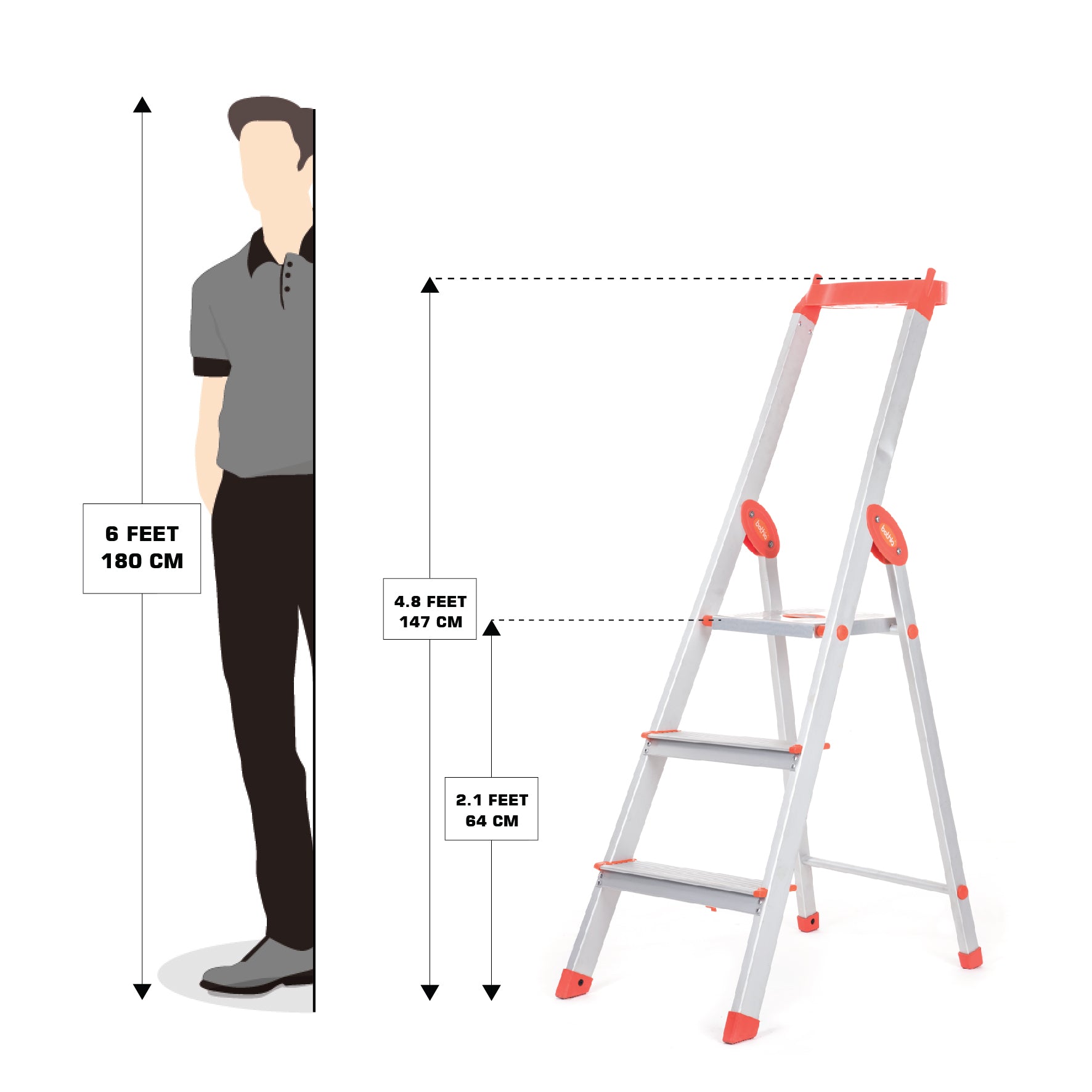 Bathla Elevate 3-Step Foldable Aluminium Ladder For Home with Tool Tray (Orange)