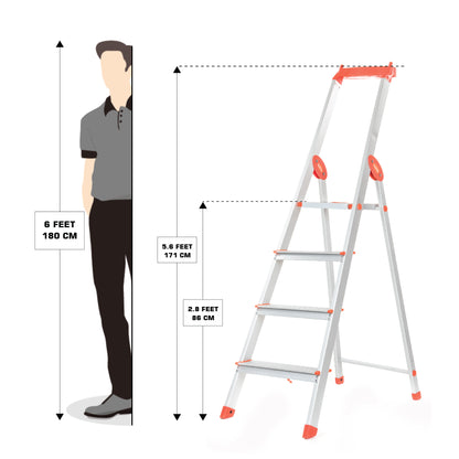 Bathla Elevate 4-Step Foldable Aluminium Ladder For Home with Tool Tray (Orange)