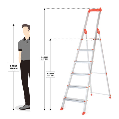 Bathla Elevate 6-Step Foldable Aluminium Ladder For Home with Tool Tray (Orange)