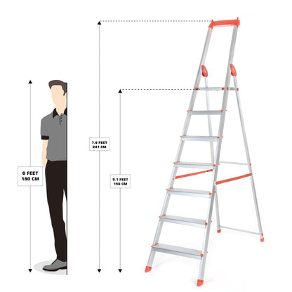 Bathla Elevate 7-Step Foldable Aluminium Ladder For Home with Tool Tray (Orange)