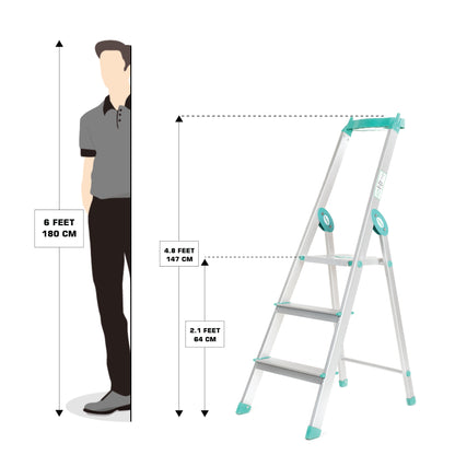 Bathla Elevate 3-Step Foldable Aluminium Ladder For Home with Tool Tray (Teal)