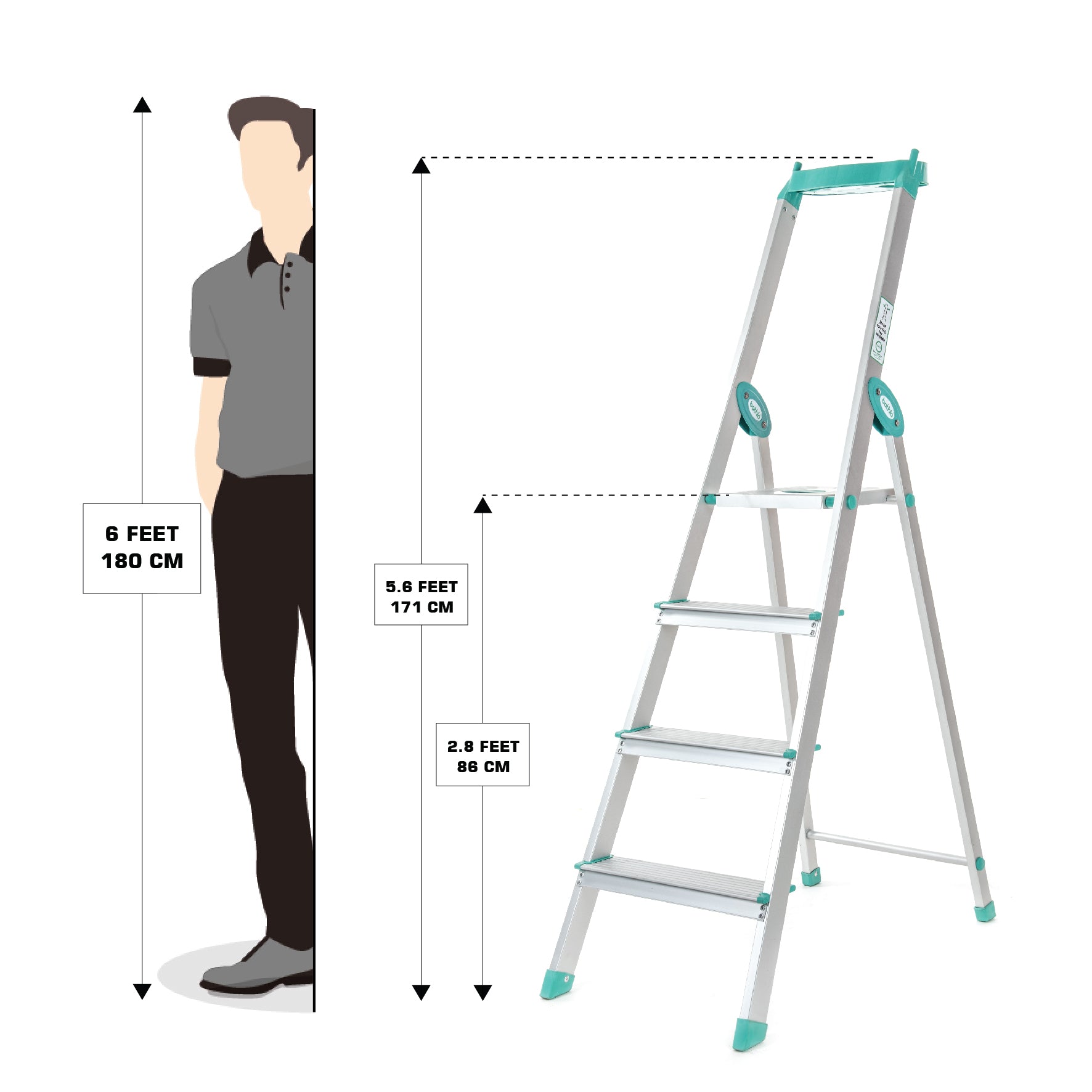 Bathla Elevate 4-Step Foldable Aluminium Ladder For Home with Tool Tray (Teal)