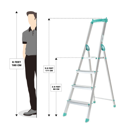 Bathla Elevate 4-Step Foldable Aluminium Ladder For Home with Tool Tray (Teal)