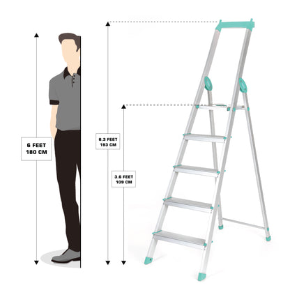 Bathla Elevate 5-Step Foldable Aluminium Ladder For Home with Tool Tray (Teal)