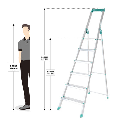 Bathla Elevate 6-Step Foldable Aluminium Ladder For Home with Tool Tray (Teal)