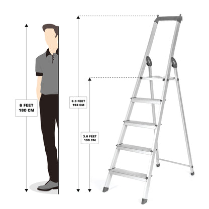 Bathla Elevate 5-Step Foldable Aluminium Ladder For Home with Tool Tray (Black)